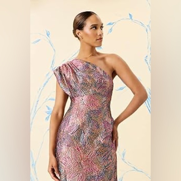 Maggy London One-Shoulder Pink and Purple Midi Brocade/Jaquard Dress - Picture 11 of 12